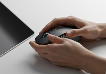 ultra-realistic close-up of a person's hands holding a digital Wireless Mouse in landscape mode, no face visible, tablet screen glowing, isolated on white background	