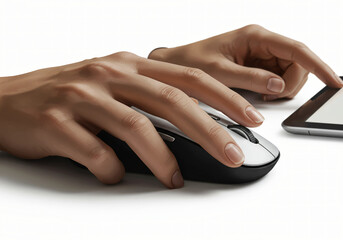 ultra-realistic close-up of a person's hands holding a digital Wireless Mouse in landscape mode, no face visible, tablet screen glowing, isolated on white background	