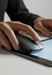 ultra-realistic close-up of a person's hands holding a digital Wireless Mouse in landscape mode, no face visible, tablet screen glowing, isolated on white background	