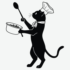 Funny black cat cooking biryani with a ladle in a pot illustration image silhouette design vector art and illustration