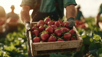 A close-up view of a farmer holding a basket brimming with ripe strawberries, symbolizing the joy of harvesting fresh produce in a picturesque farmland setting.