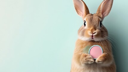 Obraz premium An adorable rabbit holds a colorful compact against a soft pastel backdrop, capturing a whimsical and playful essence that appeals to both children and adults alike.