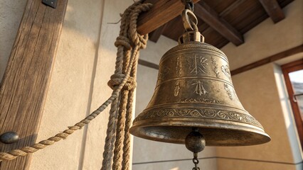 Obraz premium An ancient bronze bell hangs in a historic church tower, symbolizing centuries of religious sound and architectural history
