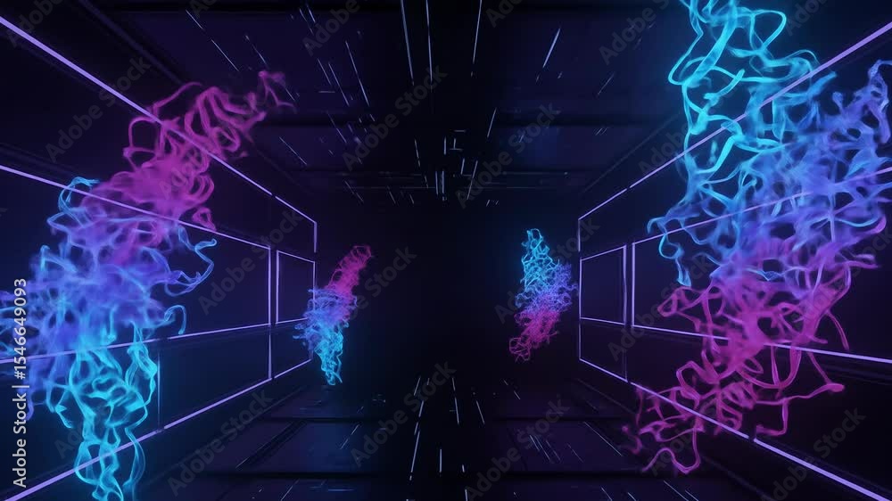 Poster abstract neon glowing lines in futuristic tunnel visual design for technology and science fiction th