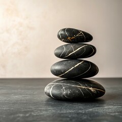 Balanced Dark Stones Rising Through Gentle White Mist