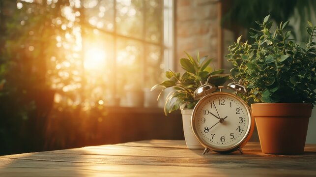 A serene still life featuring a classic alarm clock beside lush green plants, bathed in warm sunlight, symbolizing tranquility and the passage of time in harmony.