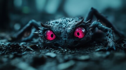 This haunting close-up showcases a monstrous creature with glowing red eyes lurking in a dark, mysterious forest, evoking feelings of fear and intrigue in a captivating fantasy world.