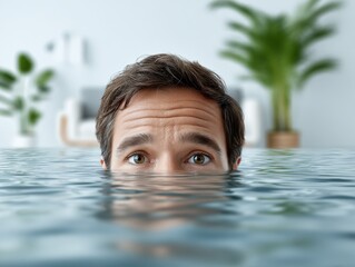 Man's head with worried expression barely above water, flooded home interior in background.
