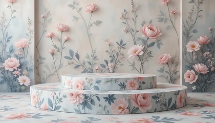 Floral product photography background featuring pastel pink peonies and stylish presentation pedestal