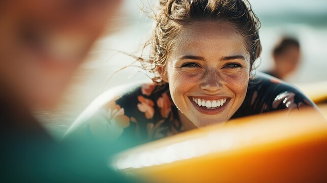 A joyful surfer woman smiles brightly while holding onto her surfboard, embodying the thrill of adventure and love for the ocean in this vibrant setting.