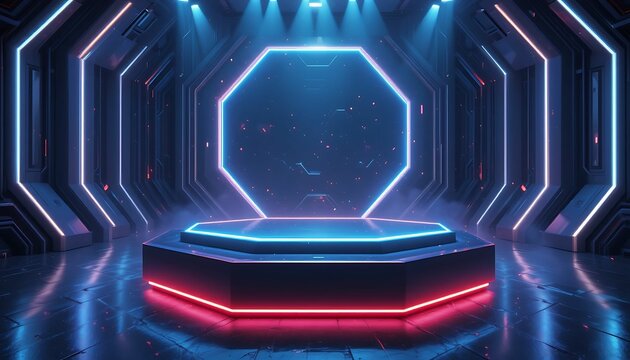 Futuristic octagonal stage with neon lights perfect for product photography background