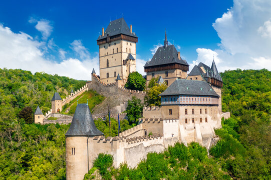 Karl&scaron;tejn Castle surrounded by hills and forests. Central Bohemia, Czech Republic
