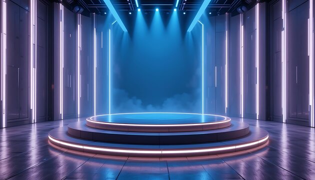 Futuristic stage with neon lighting and smoke perfect for product photography backgrounds - Powered by Adobe