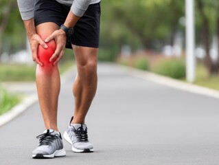 Close up man runner holding his painful knee, highlighted with red, in the park.