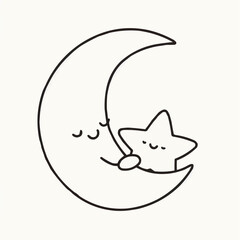 Cute moon and star characters snuggling together in a sweet and minimalist illustration

