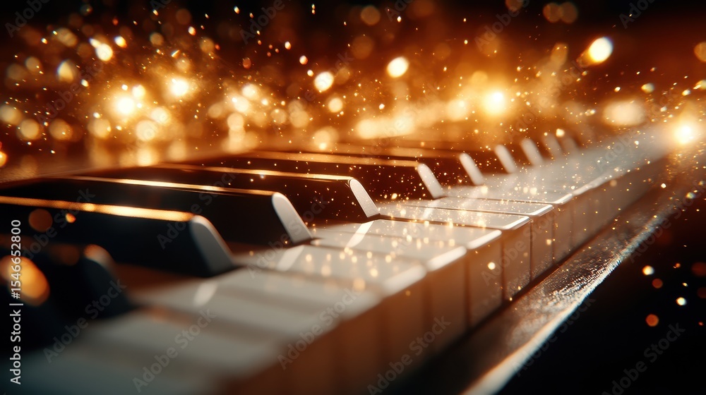 Poster a close-up of piano keys highlighted by shimmering light particles, creating a magical atmosphere th