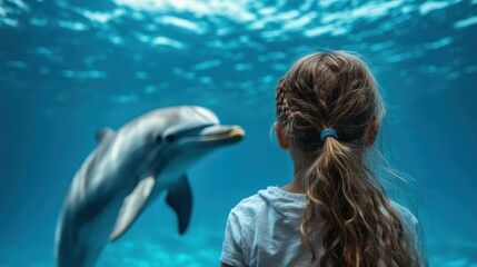 Naklejka premium A child gazes in wonder at a dolphin swimming gracefully in an aquarium, capturing the purity of childhood curiosity and the beauty of marine life in a captivating moment.