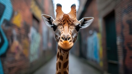 A charming giraffe stands tall and curious in a street art setting, contrasting wildlife with urban graffiti, highlighting the fascinating intersections of nature and humanity.