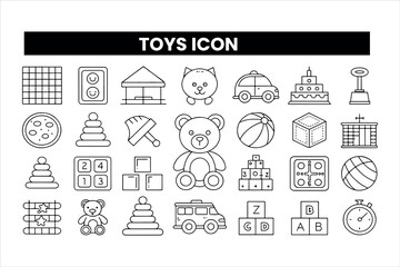 Set of  outline icons related to toys. Linear icon collection. Editable stroke. Vector illustration