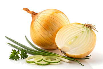 Fresh yellow onion, halved, with green onions and parsley, isolated