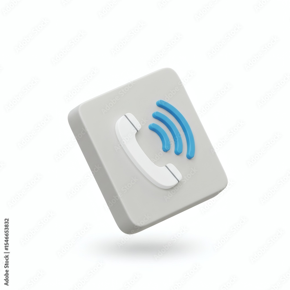 Poster modern 3d phone icon design featuring a sleek grey square button with a white handset and blue signa