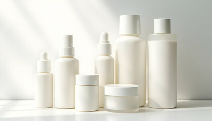 Arrangement of Cosmetic Containers on White Surface