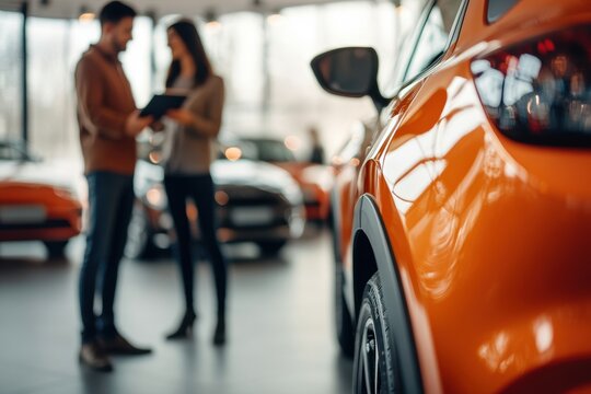 Car dealer discussing contract with client customer in a showroom. Salesman showing selling cars to a couple at the dealership. Sales manager helping to choose a new car. Congratulations for buying