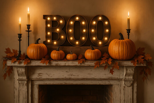 Halloween Pumpkin Mantel Decor with Boo Lights - Powered by Adobe