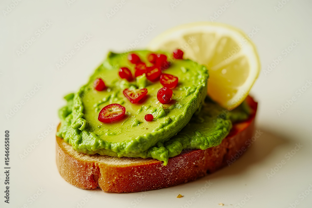 Poster a green avocado with red peppers on top of a slice of bread. the bread is toasted and the avocado is