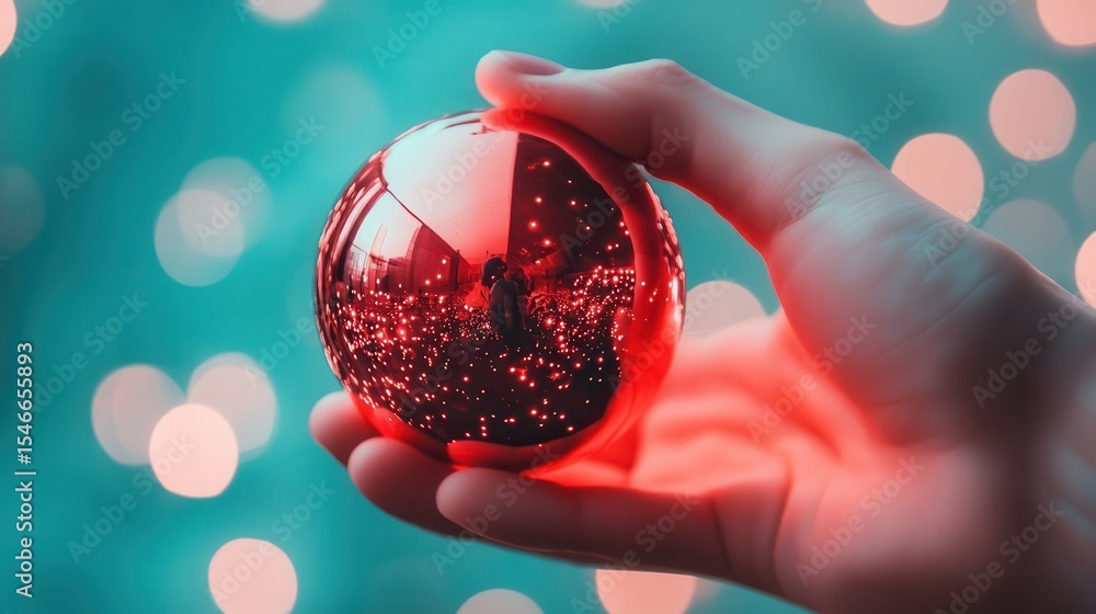 Poster a close-up of a shiny red sphere held in a hand, reflecting a blurred background of colorful lights,