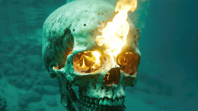 Torch illuminates submerged skull revealing eerie underwater scene, Torch Lights Up Skull Underwater