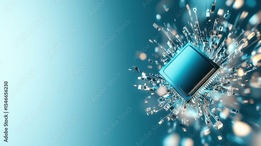 Aufkleber an eye-catching representation of a futuristic computer chip surrounded by an explosion of digital d