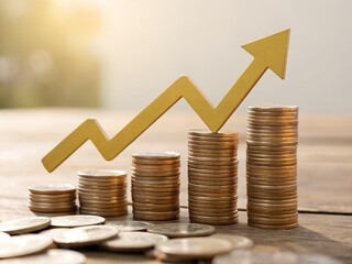 Golden arrow pointing upward above stacks of coins showing financial growth
