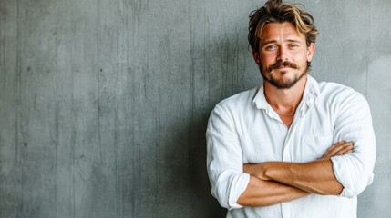 A man with tousled blonde hair stands confidently in a white shirt, against a textured concrete wall that adds depth and a modern touch to the composition and vibe.