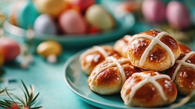 A delightful display of freshly baked hot cross buns resting on a teal plate, set against a backdrop of pastel Easter eggs, evoking holiday spirit and warmth. - Powered by Adobe