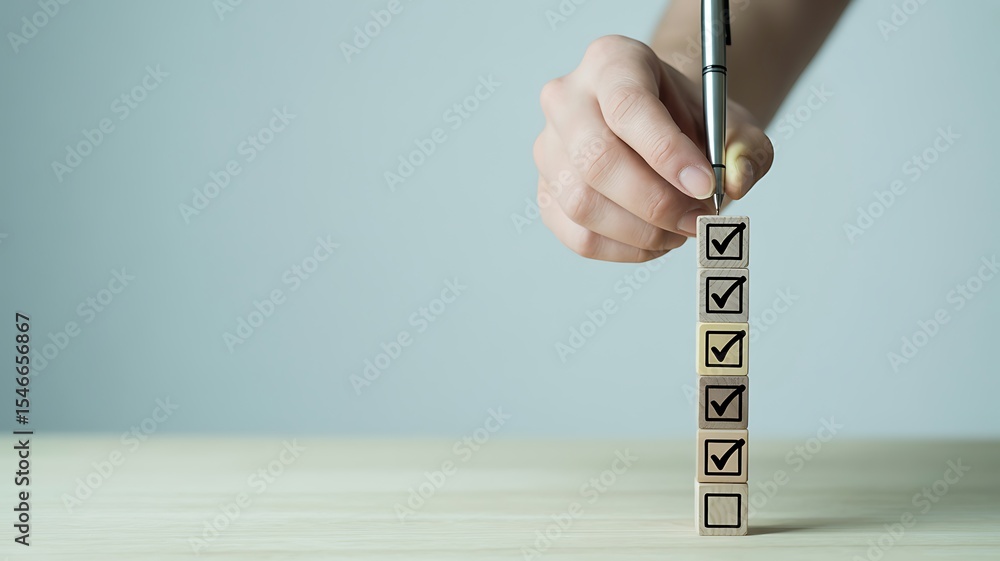 Poster hand placing wooden block with checkmark on top of stack of similar blocks on light wood