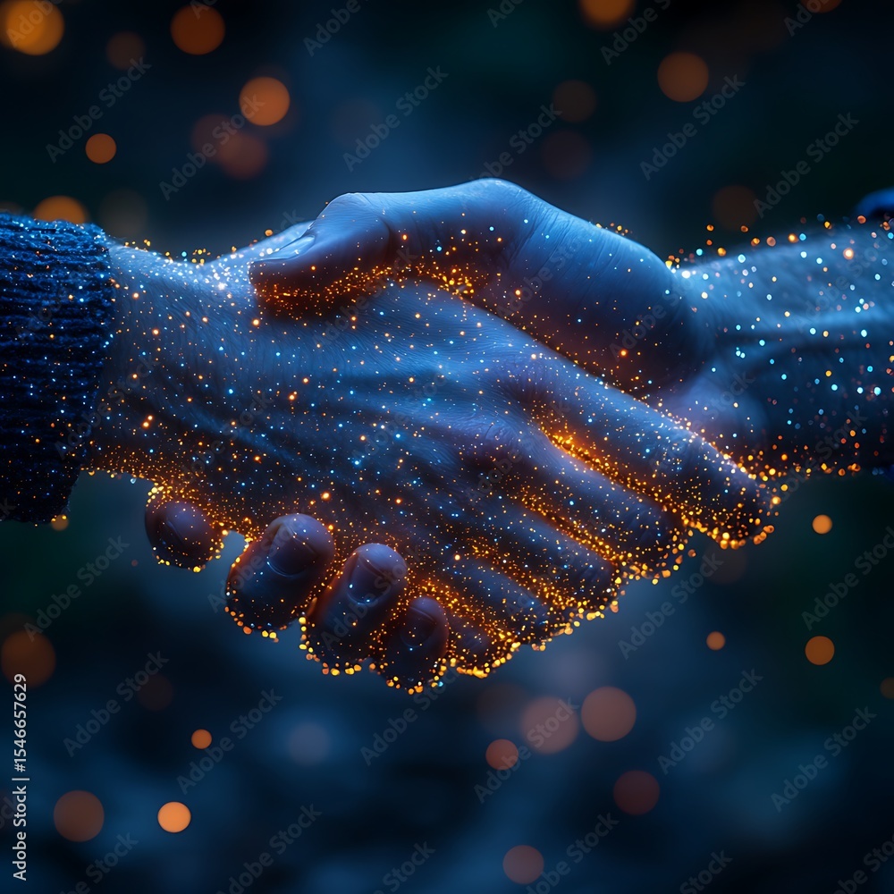 Poster conceptual photo showcasing a partnership handshake with glowing particles representing connection a
