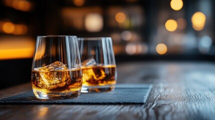 Two elegantly filled whiskey glasses sit on a dark wood surface, radiating warmth and sophistication, inviting viewers to appreciate the finer moments in life with a rich amber hue.