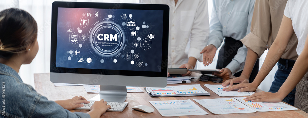Aufkleber Customer relationship management system on brisk computer for CRM business and enterprise