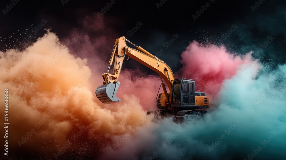 Poster an excavator emerges from a cloud of colorful smoke, creating a dramatic visual effect that conveys 