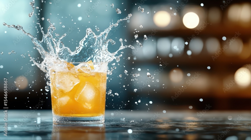 Poster a refreshing drink splashes out of a glass filled with ice, capturing the dynamic motion and evoking