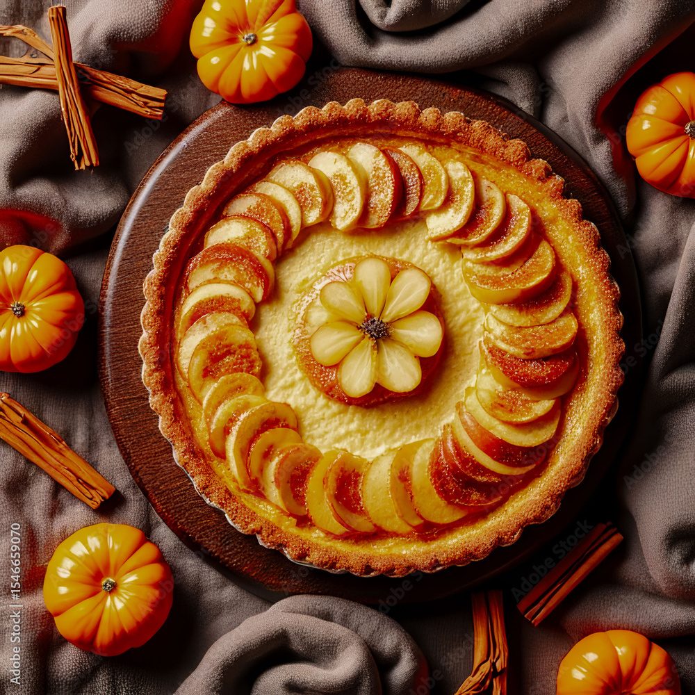 Poster a pie with a flower on top and slices of apples on the crust. the pie is surrounded by pumpkins and 