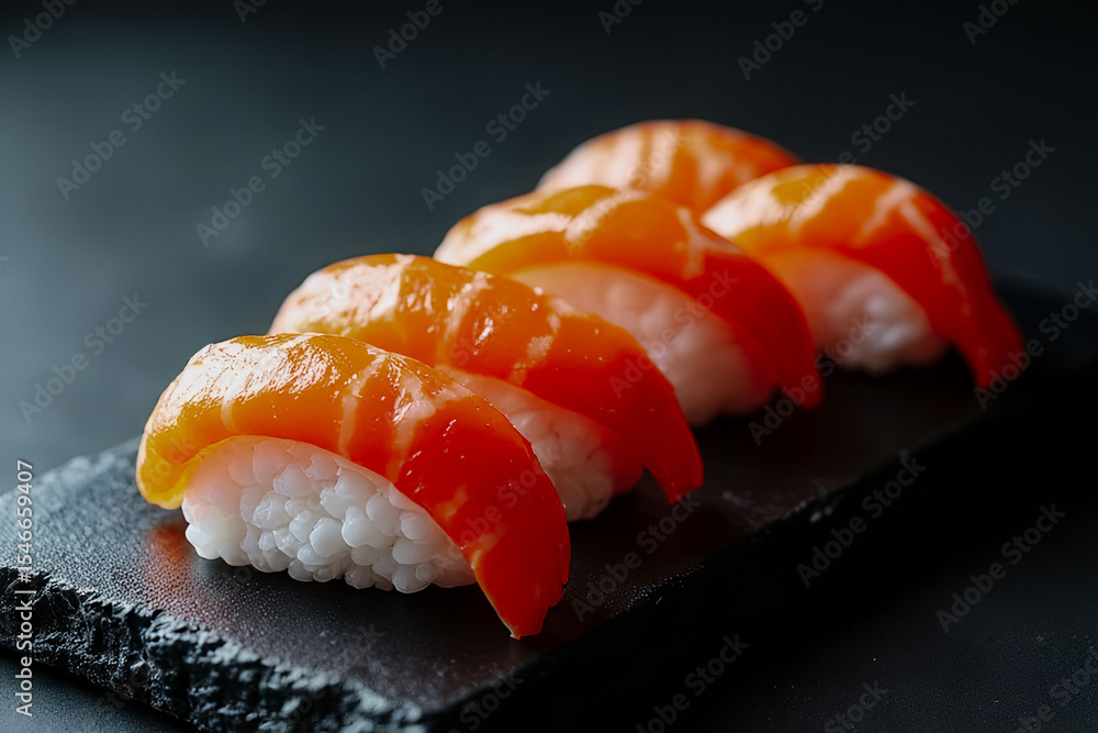 Poster three pieces of sushi with a black background. the sushi is made of salmon and rice. the sushi is ar