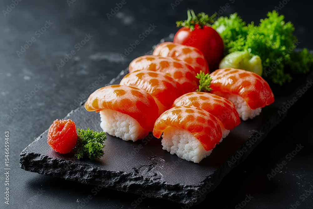 Poster a plate of sushi with a garnish of parsley and tomatoes. the sushi is arranged in a neat row and loo