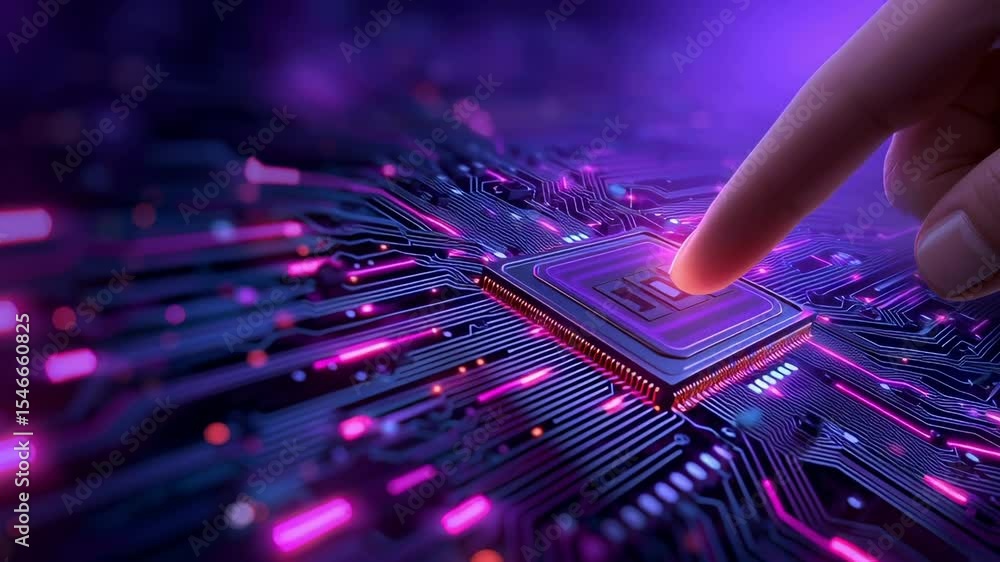 Aufkleber human finger touching advanced microchip processor with glowing circuit connections in vibrant purpl