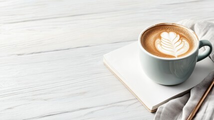 A beautifully crafted cup of coffee with latte art sits elegantly on a book, capturing the essence of a cozy café experience perfect for coffee lovers and enthusiasts.
