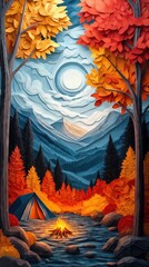 Papercut Style Paper Cut Camping Camp Campfire Summer Winter Forest Fall Wood Woodland Woods Sunset Tent Lake Mountain Mobile Background Wallpaper Illustration Colorful Vector
