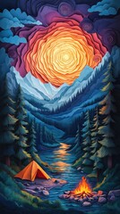Papercut Style Paper Cut Camping Camp Campfire Summer Winter Forest Fall Wood Woodland Woods Sunset Tent Lake Mountain Mobile Background Wallpaper Illustration Colorful Vector