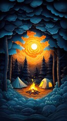 Papercut Style Paper Cut Camping Camp Campfire Summer Winter Forest Fall Wood Woodland Woods Sunset Tent Lake Mountain Mobile Background Wallpaper Illustration Colorful Vector