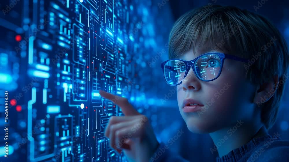 Poster preteen boy with blue glasses interacts with futuristic digital interface. concentrated expression w